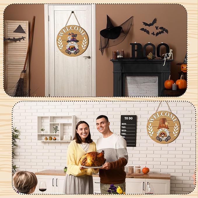 Qunclay Interchangeable Wooden Gnome Decor Holiday Seasonal Gnome Decorations with Magnet Pieces and Detachable Hats Changeable Welcome Sign for Home(Fresh Style)