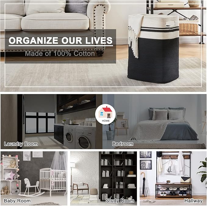 OIAHOMY Laundry Hamper-Laundry Basket,Tall Cotton Storage Basket with Handles,Decorative Blanket Basket for Living room,Collapsible Large Basket for Toys,Pillows,Clothes Organizer-16x13x22in-Black