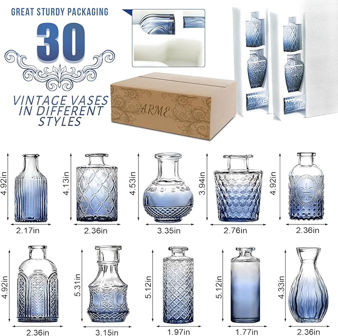 Arme Bud Vases Set of 32, Blue Vase for Centerpieces, Clear Bud Vase in Bulk, Mini Flower Vintage Cute Vases for Centerpieces, Small Glass Vases for Wedding Decor, Home Table Flower Décor