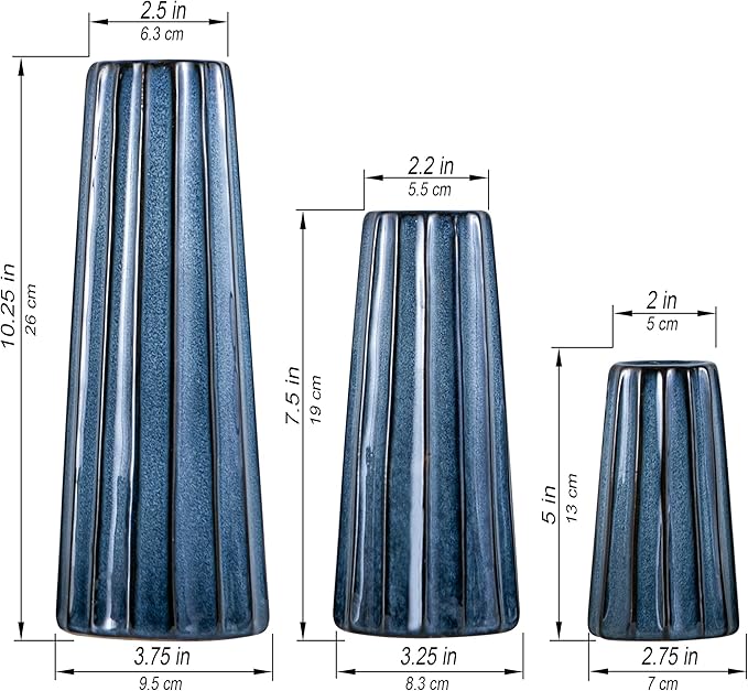 Blue Ceramic Vases - 3 Small Ribbed Vase for Flowers, Modern Minimalist Home Decor, Decorative Pottery Glazed Vase for Bookshelf, Fireplaces and Entryway Decor, Centerpieces for Dining Table