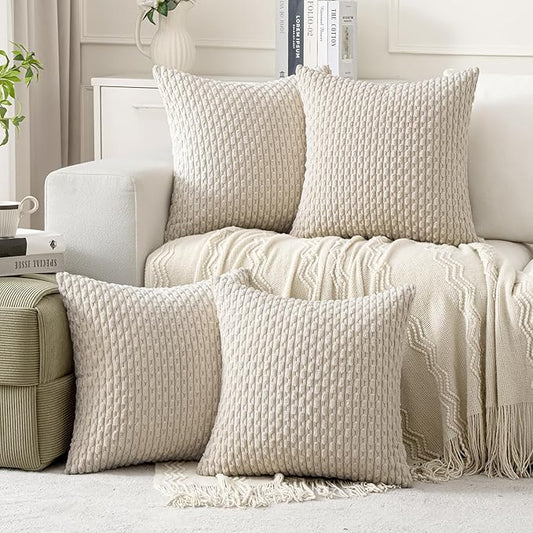 MIULEE Throw Pillow Covers Soft Couch Decorative Set of 4 Boho Striped Cushion Covers Corduroy Pillowcases Farmhouse Home Decor for Couch Bed Sofa Living Room 18x18 Inch Beige