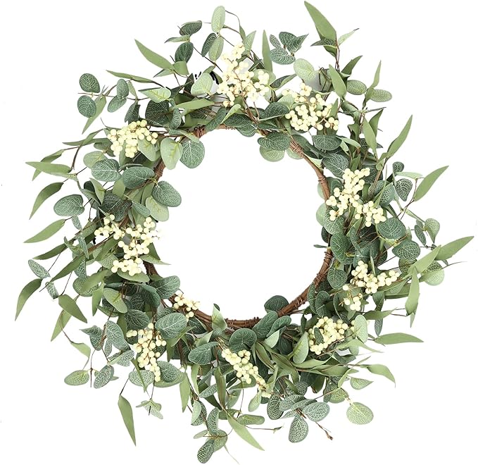 Pinkpum 16'' Eucalyptus Wreath for Front Door, Porch, Window - Green Decor for Home, Farmhouse - Spring, Summer, Fall, All Seasons