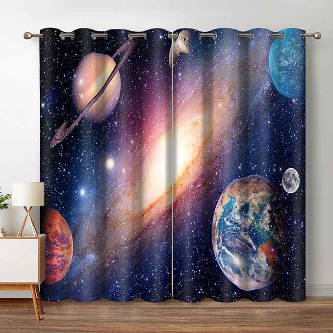 Jekeno Galaxy Planet Blackout Curtains Outer Space Universe Nebula Stars Starry Sky Decor for Kids Boys Bedroom Living Room Darkening Grommet Window Drapes 2 Panel Set, 52"x63"