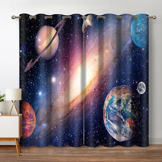 Jekeno Galaxy Planet Blackout Curtains Outer Space Universe Nebula Stars Starry Sky Decor for Kids Boys Teens Girls Bedroom Living Room Darkening Grommet Window Drapes 2 Panel Set, 42"x84"