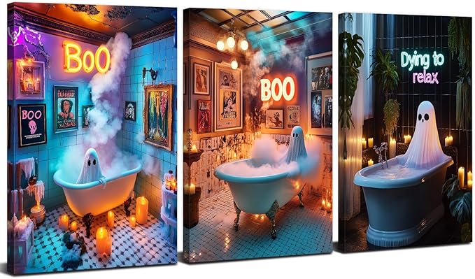 Halloween Bathroom Decor Funny Ghost Wall Art Funny Ghosts in Bathtub Pictures for Bathroom Fall Party Theme Paintings Spooky Humor Posters Artwork for Living Room Holiday Home Decoration 12x16" 3Pcs