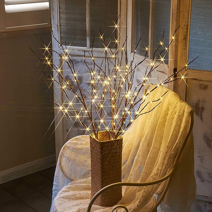 Fudios Branch Lights Plug in with Timer Willow Branches with Lights for Vase Twig 32IN 150 LED Outdoor and Indoor Holiday Party Decor 2Set