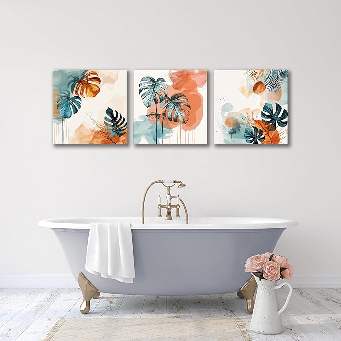 NAN Wind 3Pcs Abstract Tropical Leaves Canvas Art Modern Botanical Wall Decor Teal and Orange Leaf Minimalist Jungle Wall Art Framed Contemporary Nature-Inspired Print for Living Room or Bedroom