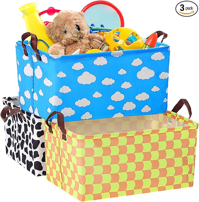 3 Pack Storage Baskets Waterproof Canvas with Leather Handles Storage Bins Basket Organizer Collapsible for Closet Clothes Room Decor(Black, Yellow, Blue,Cartoon)