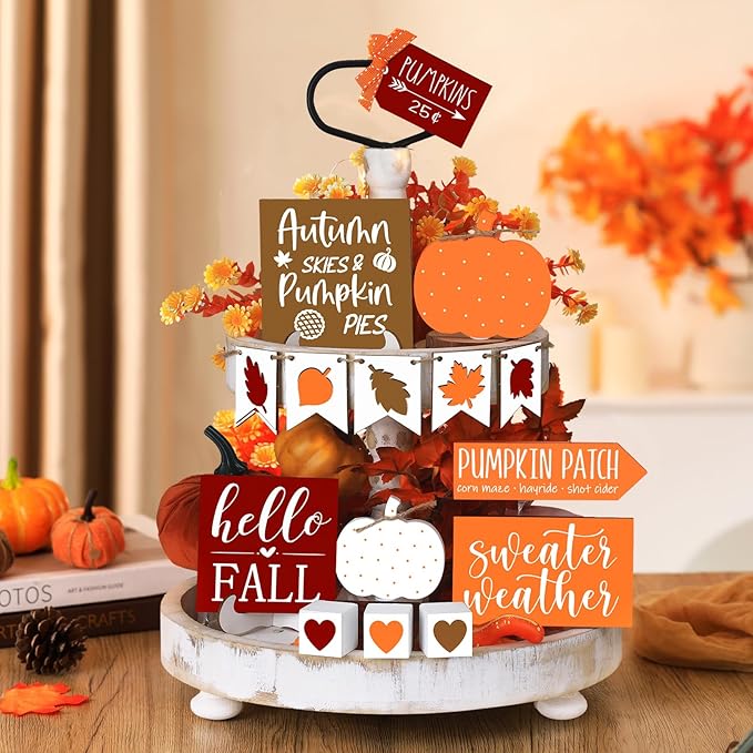 Sumind 15 Pcs Fall Tiered Tray Decor Set Fall Decorations for Home Autumn Wood Signs Thanksgiving Orange Brown Table Signs Farmhouse Wooden Maple Pumpkin Gnomes Tabletop for Festival(Autumn)