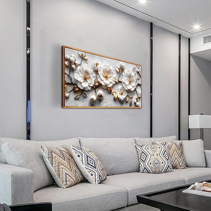 Ouzzlie Floral Wall Decorations White Pictures Modern Framed Poster Wall Art Gold Wall Decor Big Artwork 29"x 59"