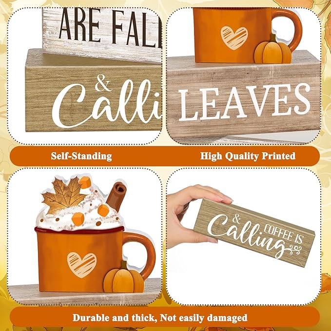 4 Pcs Fall Decorations for Home Thanksgiving Tiered Tray Decor Fall Tabletop Decor Thanksgiving Centerpiece Rustic Wood Hot Cocoa Cup Block Sign for Autumn Table Mantel Decorations