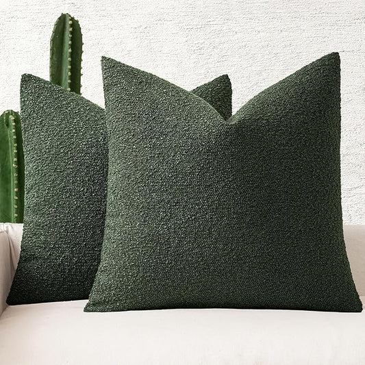 MIULEE 18x18 Inch Decorative Pillow Covers for Couch Bed Set of 2 Textured Boucle Neutral Throw Pillows Dark Green Accent Solid Cushion Pillowcase Cozy Soft Sofa Livingroom Home Decor