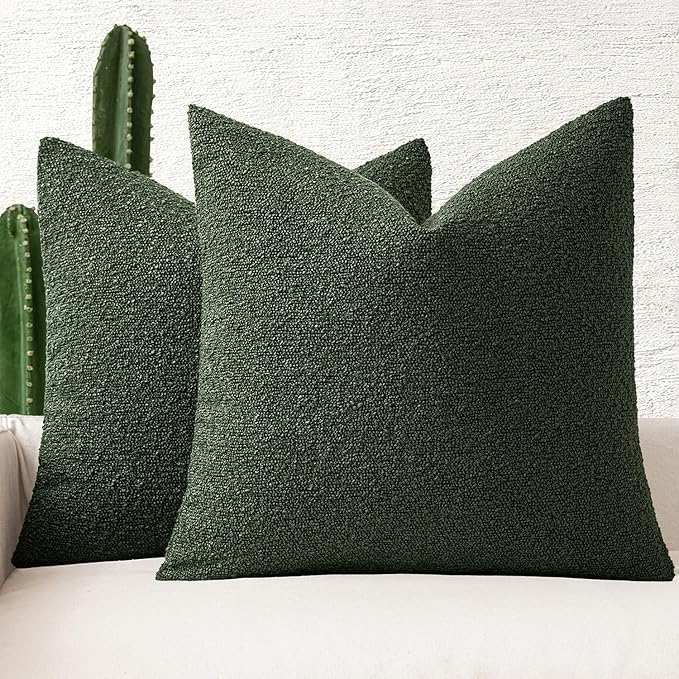 MIULEE 22x22 Inch Decorative Euro Sham Throw Pillows for Bed Set of 2 Textured Boucle Neutral Throw Pillow Covers Dark Green Accent Solid Euro Couch Pillowcase Cozy Soft Sofa Livingroom Home Decor