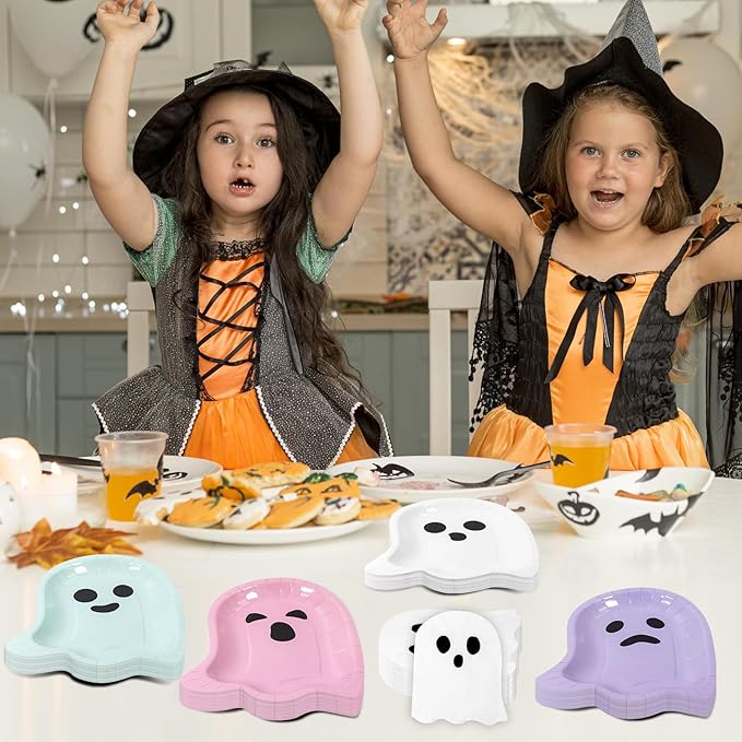 180Pcs Halloween Ghost Party Supplies Paper Plates and Napkins Serve 60 Disposable Tableware Set for Halloween Birthday Party Decorations Family School Holiday Events