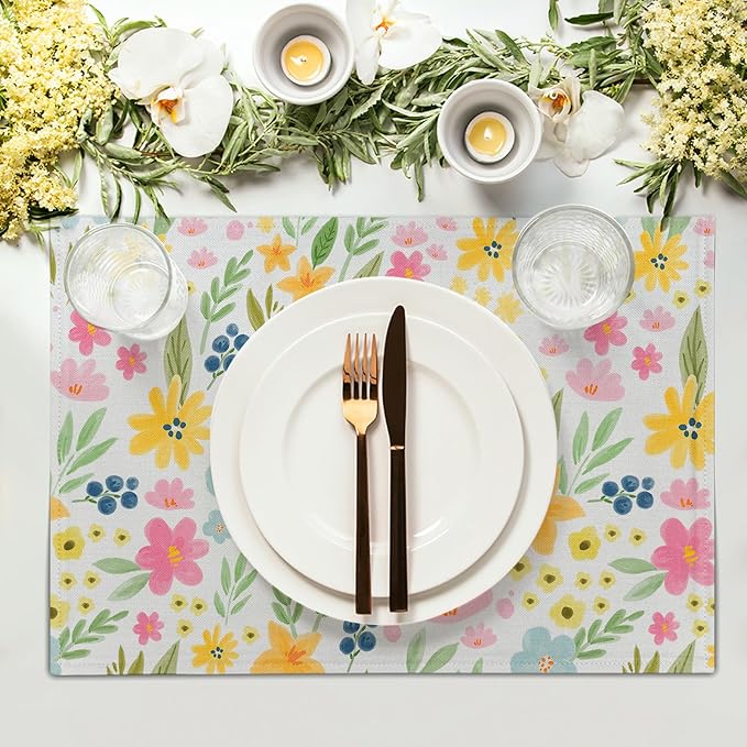 Cute Floral Placemats 12×18 Inches Set of 4 Spring Summer Seasonal Indoor Kitchen Dining Table Place Mats for Home Party Decoration
