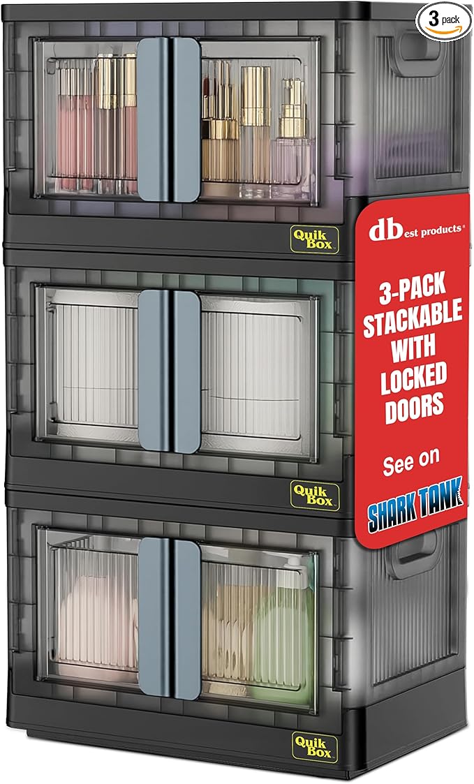 Quik Box - 8.5 Gallon 3-Pack Stackable Storage Bins with Doors & Wheels - Collapsible Organizer for Dorms, Bedroom & Home - Durable Polystyrene - Black