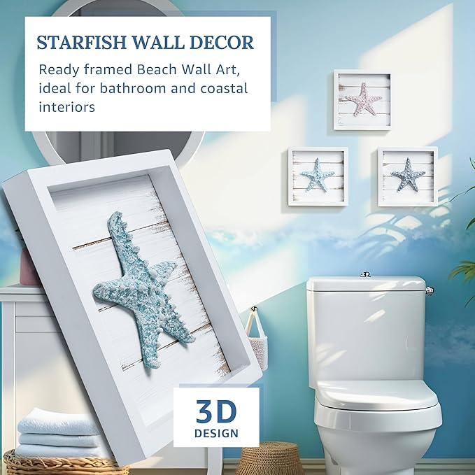 TideAndTales 3D Starfish Wall Art (Framed Set of 3) Coastal Theme Wall Hanging Decoration for Bathroom or Tropical Bedroom, Ocean Inspired Seashell Decor for Home or Beach House (7"x 7")