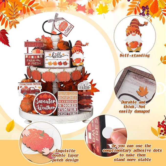 Amyhill 13 Pcs Fall Thanksgiving Tiered Tray Decor Set Pumpkin Maple Gnome Wooden Signs Hello Fall Table Centerpieces Farmhouse Tabletop Decorations for Home Autumn Harvest Shelf Table