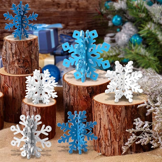 OuMuaMua 18 Sets Winter Christmas Centerpiece Table Decorations - 36pcs Wooden Snowflakes Decor 3D White Blue Snowflake Tabletop Decor for Xmas Holiday Tiered Tray Winter Farmhouse Home Decor