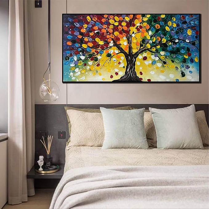 Tree Painting Large Wall Decor for Living Room - Colorful Hand Painted Wall Art for Bedroom - Black Framed Canvas Wall Art Size 29" x 59"