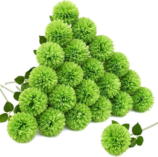 Floweroyal 24pcs Green Flowers Artificial Chrysanthemum Ball Silk Hydrangea Flowers Bridal Wedding Bouquet for Home Garden Party Office St Patricks Day Decor