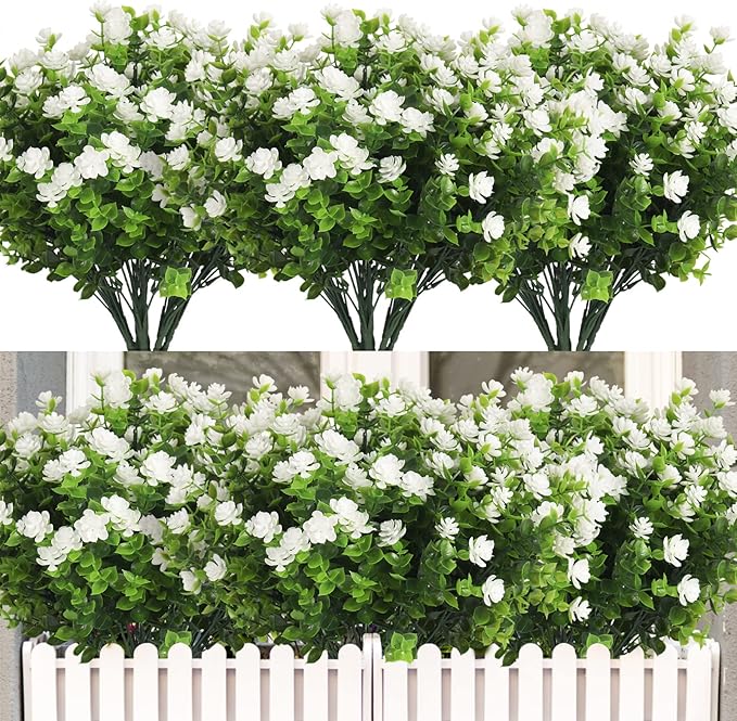 RECUTMS 12 Bundles Artificial Outdoor Plants, Artificial Greenery for Flower Arrangements Shrubs UV Resistant Faux Plastic Plants Spring Decorations for Home Front Porch Decor(White)