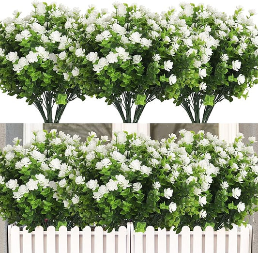 RECUTMS 12 Bundles Artificial Outdoor Plants, Artificial Greenery for Flower Arrangements Shrubs UV Resistant Faux Plastic Plants Spring Decorations for Home Front Porch Decor(White)