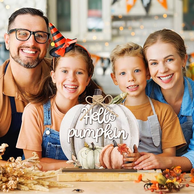 Soaoo Fall Decoration Wooden Fall Hello Pumpkin Sign Autumn Pumpkin Table Decor 11 Inch Wooden Autumn Desktop Ornament for Farmhouse Home Living Room Harvest Day Thanksgiving Decor(Grey,Cute)