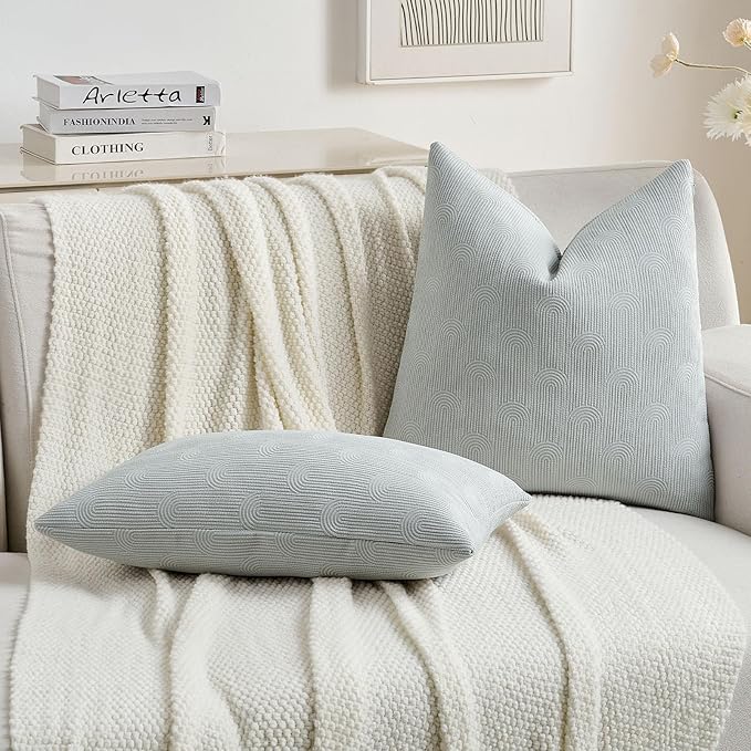 FUTEI Light Grey Chenille Decorative Throw Pillow Covers 24x24 Inch Set of 2,Soft Cozy Striped Geometric Patterns European Cushion Case,Modern Home Decor for Couch Bed Living Room
