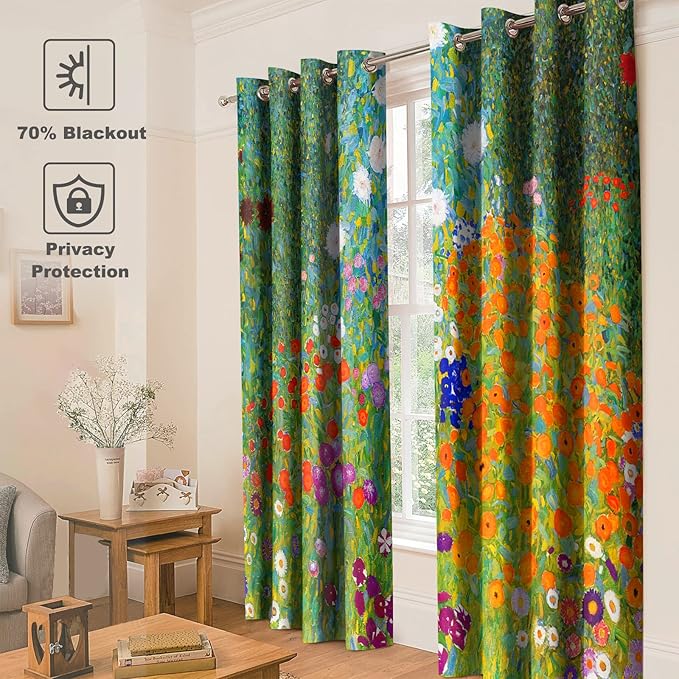 Jekeno Blackout Curtains Flower Garden by Gustav Klimt Home Bedroom Living Room Decoration Flowers Floral Darkening Grommet Window Drapes 2 Panel Set, 52"x63"