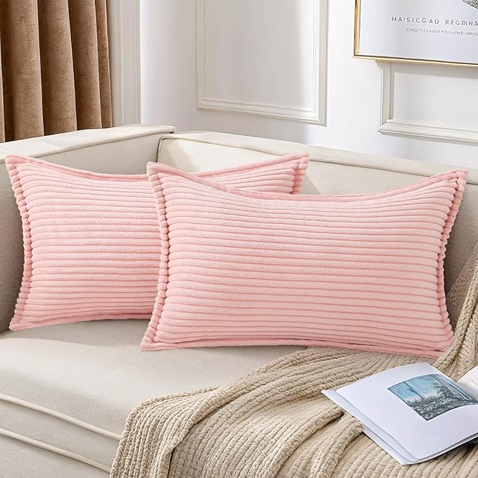 Mecatny Corduroy Throw Pillow Covers 12x20 Set of 2, Neutral Decorative Soft Boho Lumbar Couch Pillow Covers with Broadside for Sofa Living Room, Pink