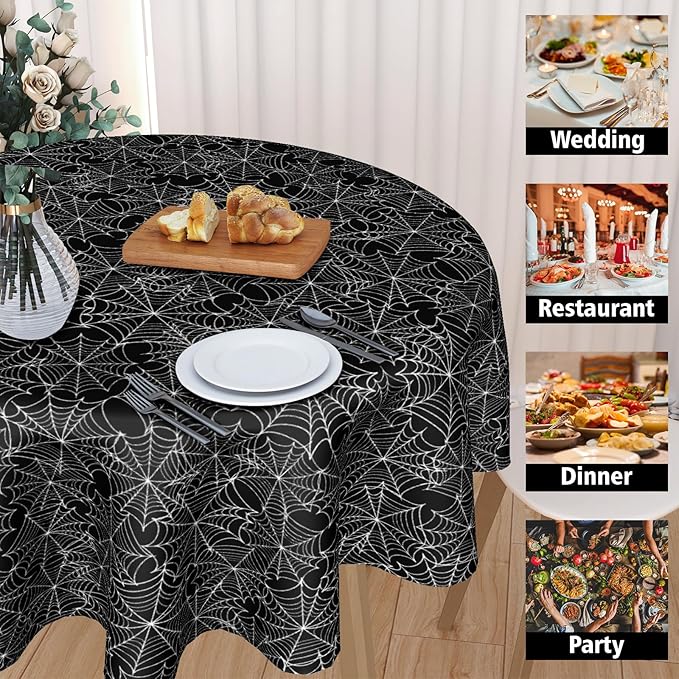 Halloween Tablecloth Round 60 Inch Halloween Black Spider Web Table Cloth Halloween Haunted House Table Decorations Halloween Holiady Decorative Table Cover for Kitchen Dining Room Holiday Party