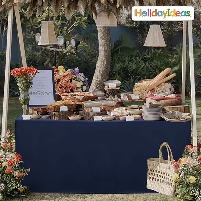 HolidayIdeas Fitted Tablecloths for 8 Foot Rectangle Table, Full Coverage Table Cover 30x96 Inch for Vendor Booth Display, Banquet, Trade Show, Navy Blue, 4 Pcs