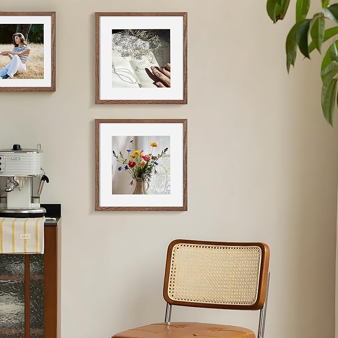12x12 Picture Frame Set of 2, High-End Oak Wood Frame 12 x 12 for Wall, Square Wooden 12 by 12 Gallery Frames Set, 12x12 Frame Matted to 8x8, Real Glass 12 x 12 Frames, Walnut Color