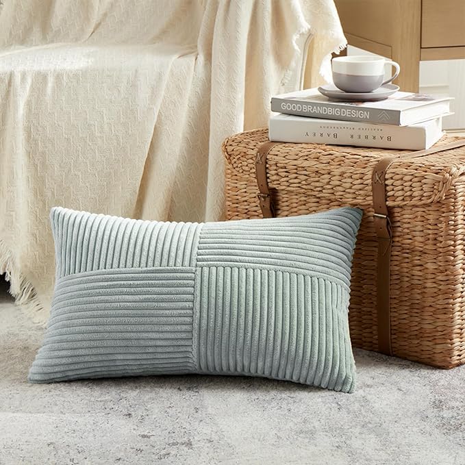 Fancy Homi 4 Packs Grey Blue Lumbar Decorative Throw Pillow Covers 12x20 Inch for Couch Bed Sofa, Rustic Farmhouse Boho Home Decor, Soft Striped Corduroy Rectangle Accent Cushion Case 30x50 cm