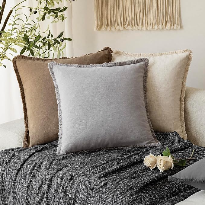 Foindtower Set of 2 Decorative Linen Fringe Throw Pillow Covers Cozy Farmhouse Cushion Cover with Tassels Accent Pillowcase for Couch Chair Sofa Bed Living Room Home Decor,20×20 Inch,Light Rustic Gray