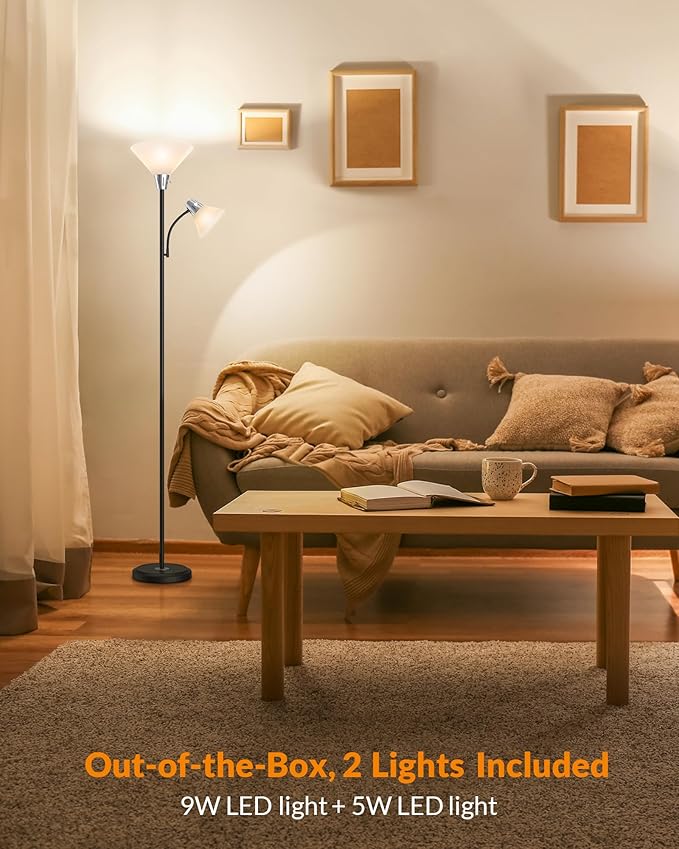 LEPOWER Floor Lamp, Standing Lamp Replaceable 3000K Energy-Saving, Lamp for Living Room with Adjustable Reading Light, Modern Bright Floor Lamp for Bedroom, Living Room, Office