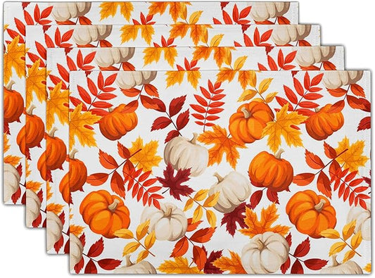 Fall Placemats 12×18 Inches Set of 4 Watercolor Pumpkin Autumn Leaves Indoor Kitchen Dining Table Place Mats for Home Party Decoration