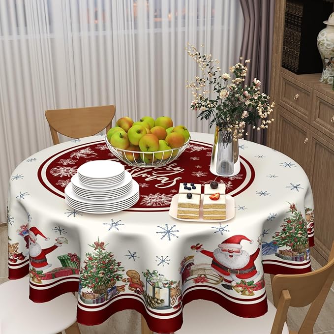 Christmas 60 Inch Round Tablecloth Merry Christmas Trees Round Table Cloth Xmas Santa Decorative Table Cloth Christmas Snowflakes Dining Table Cover for Winter Holiday Farmhouse Party Picnic Decor