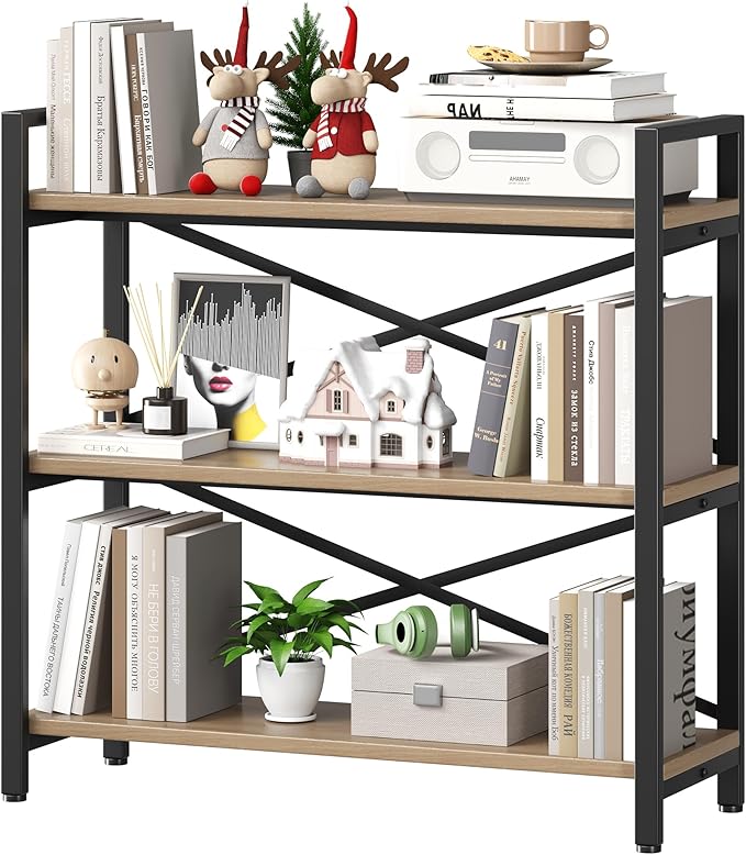 Homeiju 3 Tier Bookshelf 31.49" Width, Wood and Metal Etagere Bookcase, Vintage Farmhouse Modern Wooden Big Book Shelf for Home Living Room Bedroom Office Storage(Light Coffee)