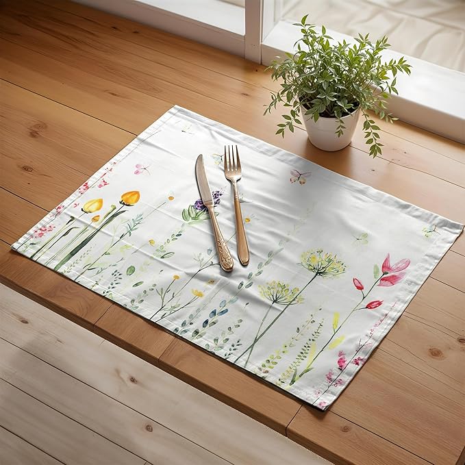 Maison d' Hermine Placemats Set of 4 100% Cotton Washable Cloth Place Mats, Reusable Table Mats for Kitchen Dining Decoration, Party, Wedding, Restaurant Spring/Summer (Botanical Fresh, 13" x 19")