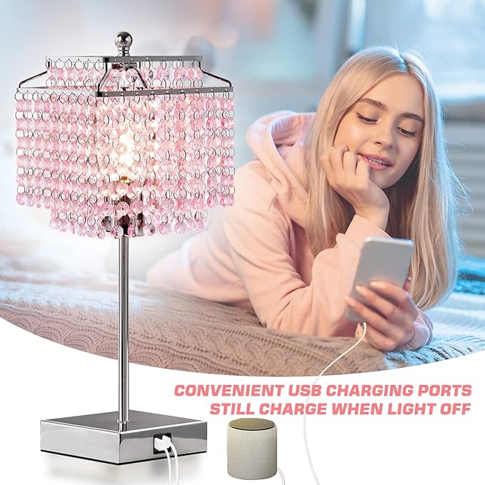 Luvkczc Set of 2 Bedside Pink Crystal Table Lamp, Touch Control Crystal Lamp, 3-Way Dimmable Lamp for Bedroom, Girl Living Room, 6W B11 Bulb Included