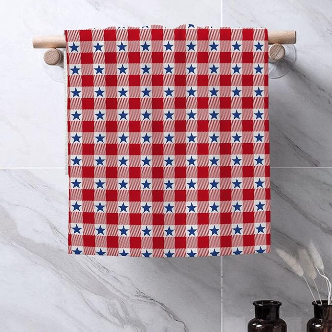 4th of July Kitchen Towels 16x24 Inch Red Buffalo Plaid Blue Patriotic Stars Decor Dish Towels Independence Day Decoration Hand Towels Absorbent Dish Cloths for Home Kitchen Dining Set of 2