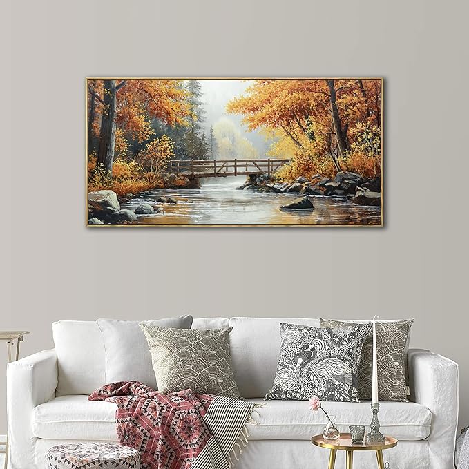 KLAKLA Canvas Wall Art - Rustic Landscape Burnt Orange Forest Tree Creek Print Picture Framed Artwork for Living Room Bedroom Office Wall Decor - 40x20 Inches