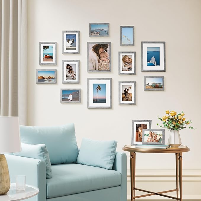 Vittanly 15 Pack Picture Frames Collage Wall Decor for Mounting or Tabletop Display, Gallery Frame Set for Family, Multi Sizes Including 3pcs 8x10, 6pcs 5x7, 6pcs 4x6, Grey
