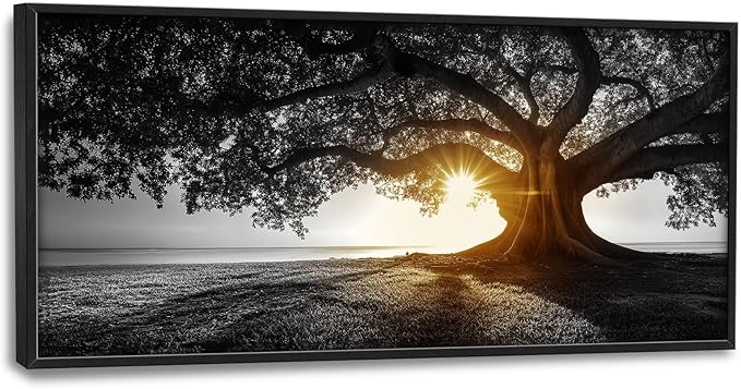 Olivine Tree Wall Art, Sunset Pictures Wall Decor, Black And White Painting, Nature Scenery Canvas Prints, Framed Artwork for Bathroom Bedroom Living Room Office Home Decoration 60"x30"