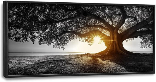Olivine Tree Wall Art, Sunset Pictures Wall Decor, Black And White Painting, Nature Scenery Canvas Prints, Framed Artwork for Bathroom Bedroom Living Room Office Home Decoration 60"x30"
