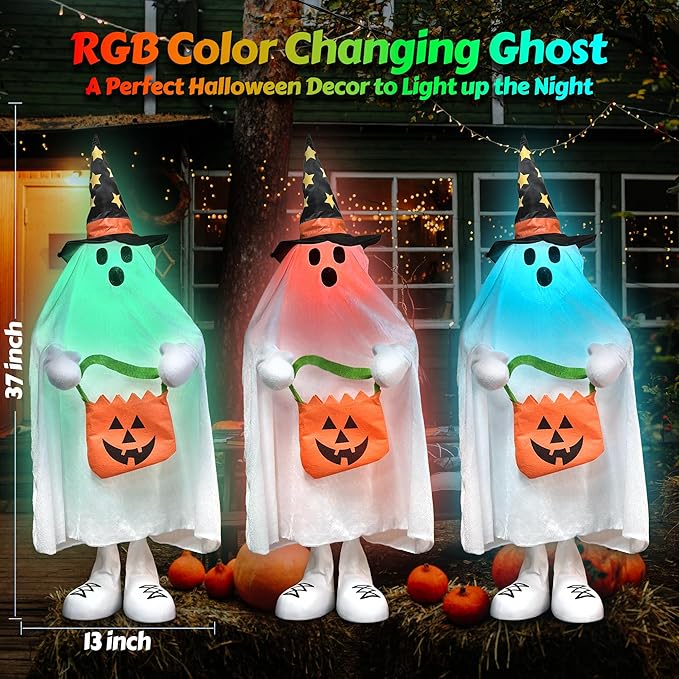 Halloween Decorations Outdoor Light up Ghost Porch Decor with Color Changing Lights & Small Candy Bag for Trick or Treat, 37" Halloween Party Favors Indoor Home Decor, Spooky Gifts for Kids & Adults