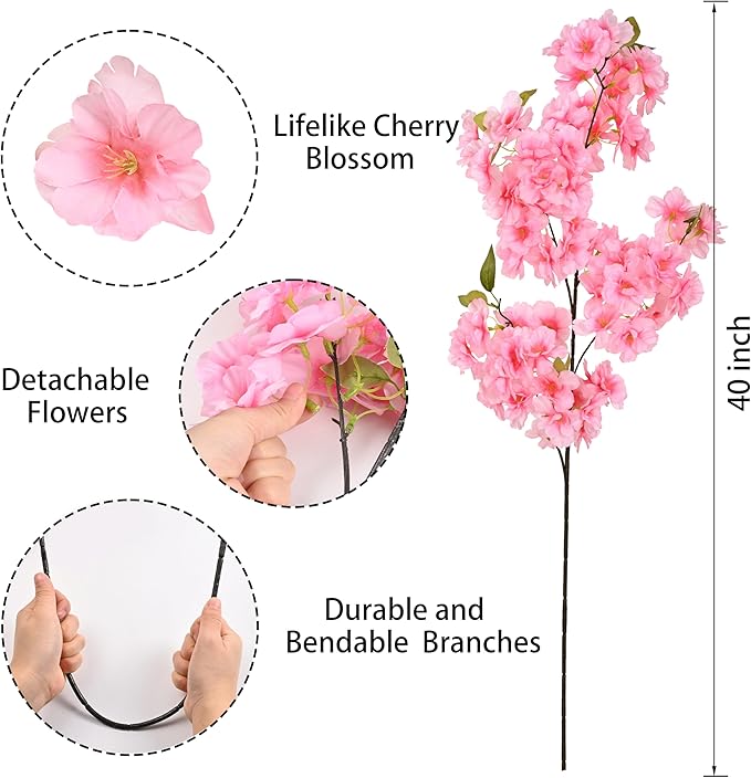 Sunm Boutique Pink Faux Cherry Blossom Branches, Artificial Cherry Blossom Stems Cherry Blossom Flowers Vase Arrangements for Wedding Home Party Kitchen Decor, Set of 3