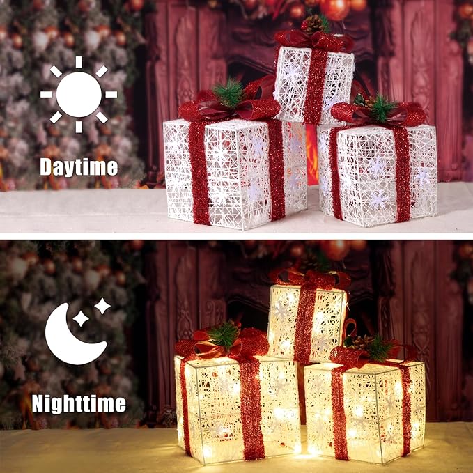 Christmas Decorations, Set of 3 Christmas Lighted Gift Boxes, Battery Operated Xmas Present Boxes, Warm White LED with Bows for Indoor Christmas Tree, Yard, Home Decor